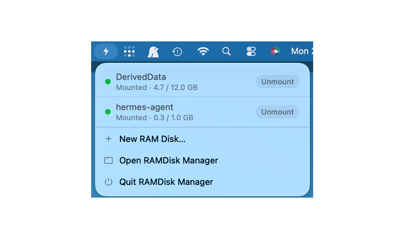 Persist menu bar dropdown — mounted RAM disks with unmount controls