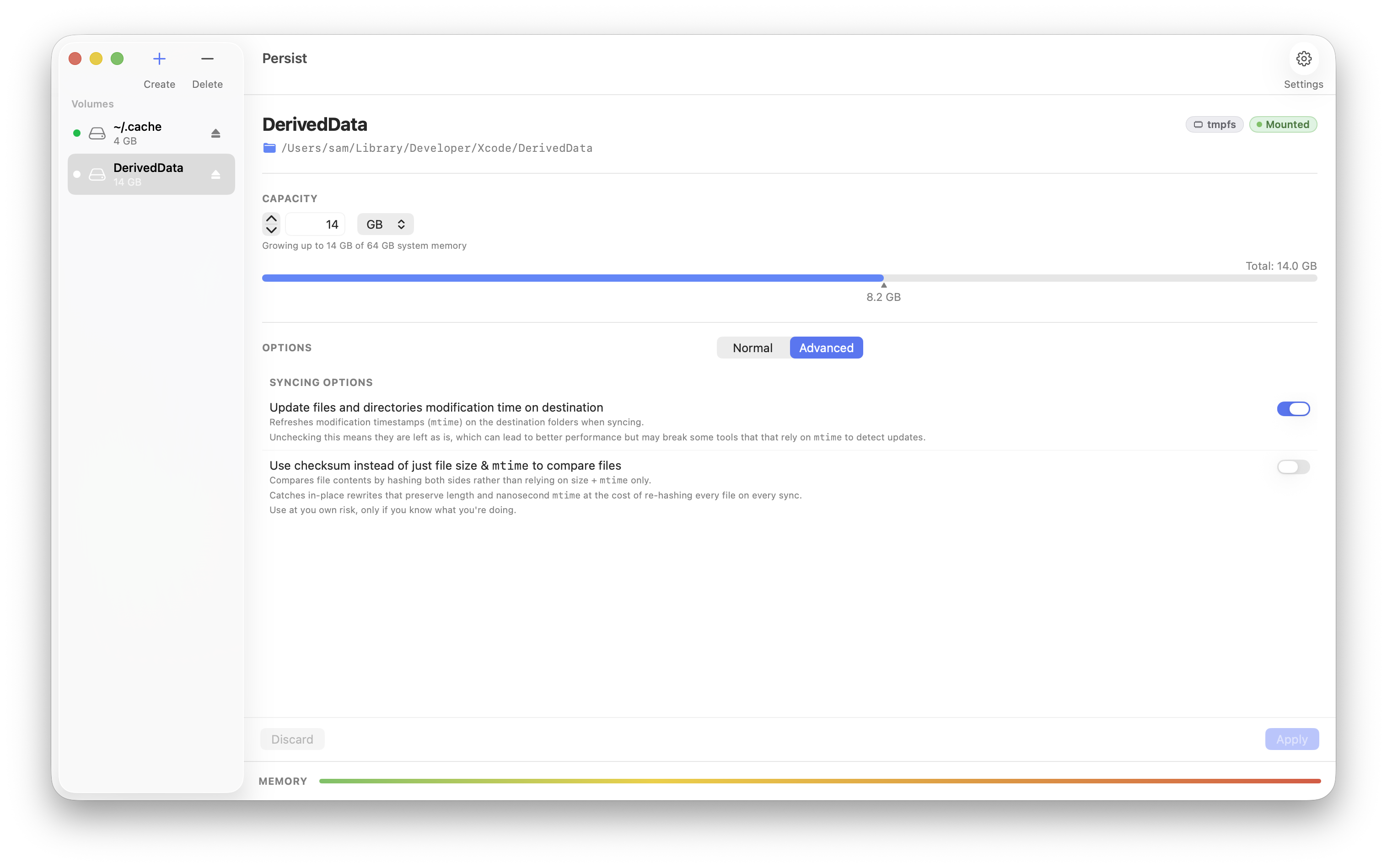 Persist app — DerivedData RAM disk with advanced syncing options