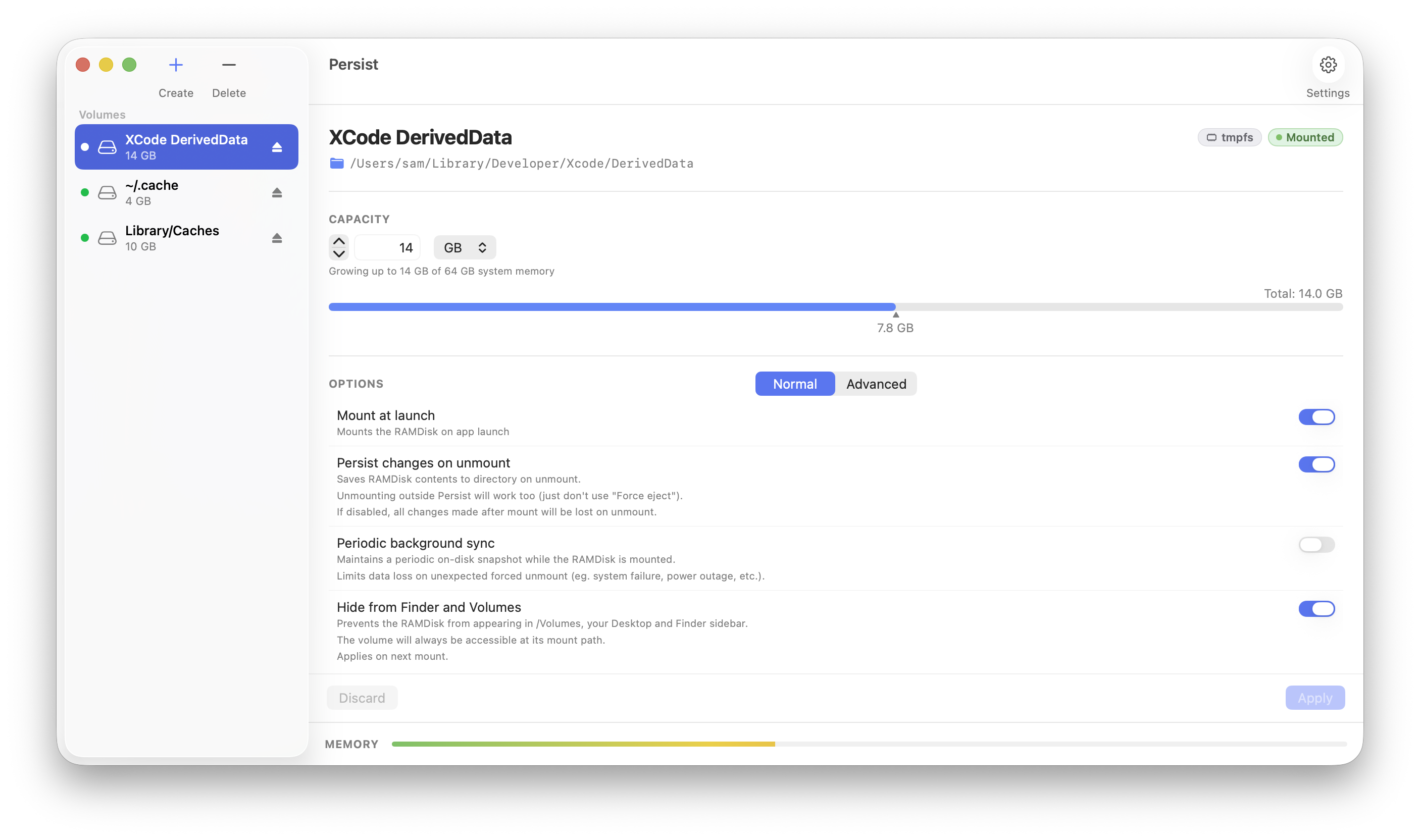 Persist app — XCode DerivedData RAM disk with normal options