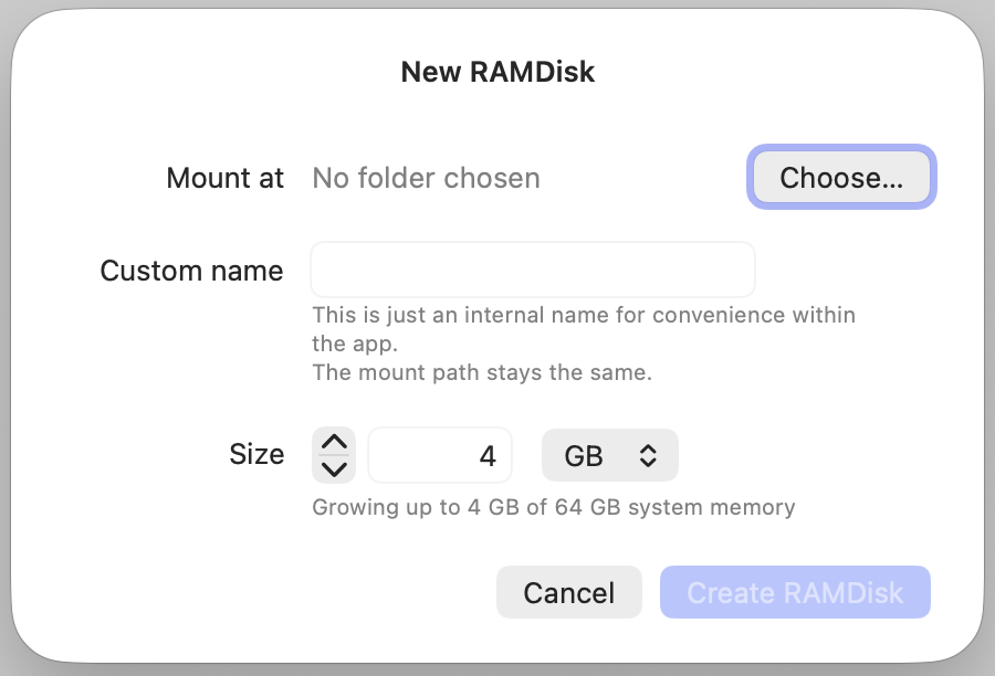 The New RAMDisk sheet with the Choose… button highlighted next to Mount at